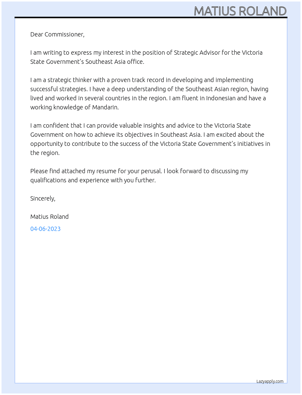 Strategic Advisor At Victoria State Government Cover Letter