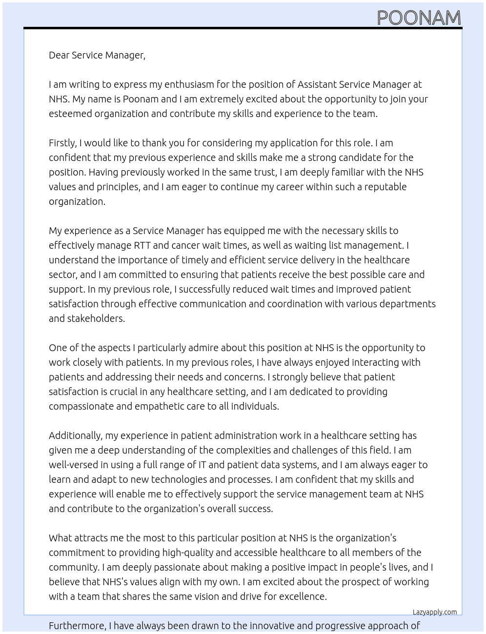 Assistant Service Manager At NHS Cover Letter