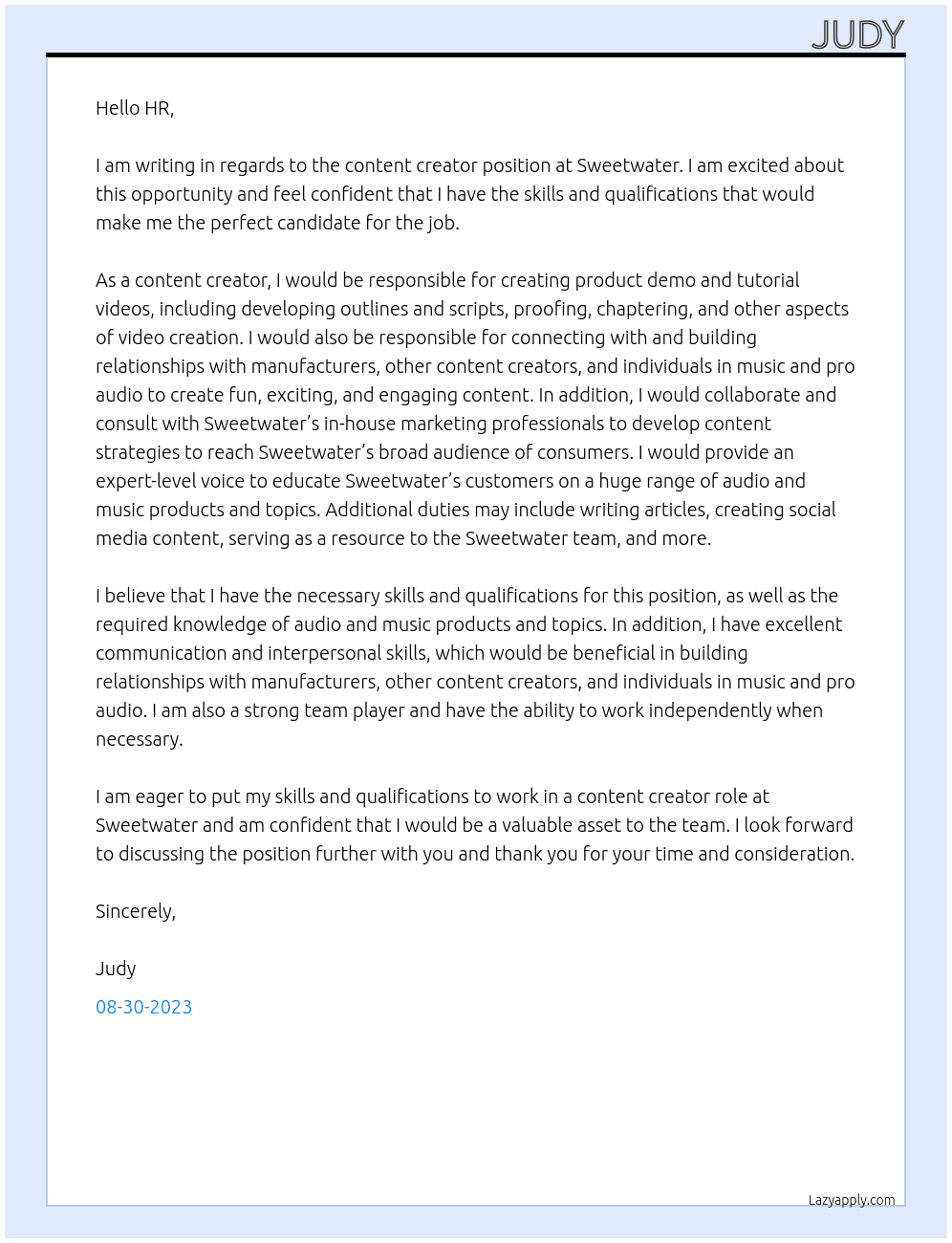 content creator At sweetwater Cover Letter