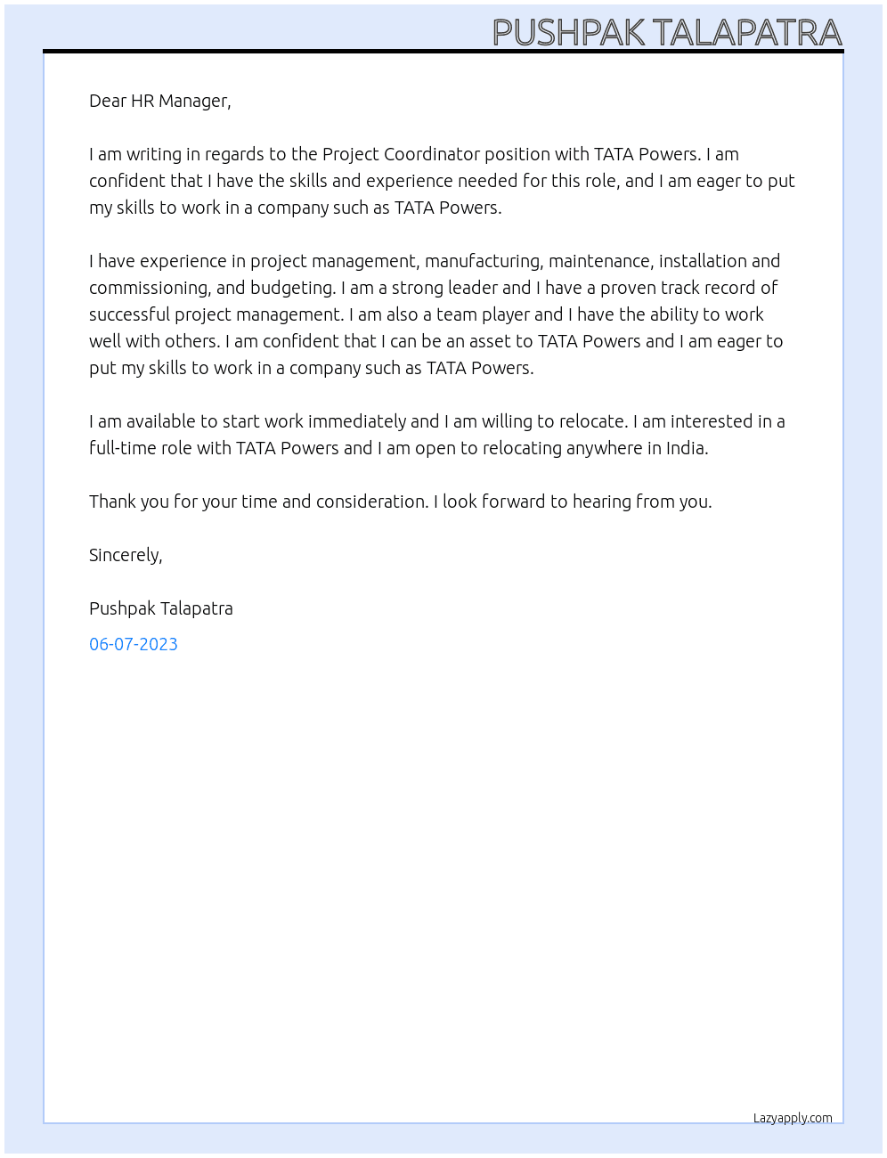 Project Coordinator At TATA Powers Cover Letter