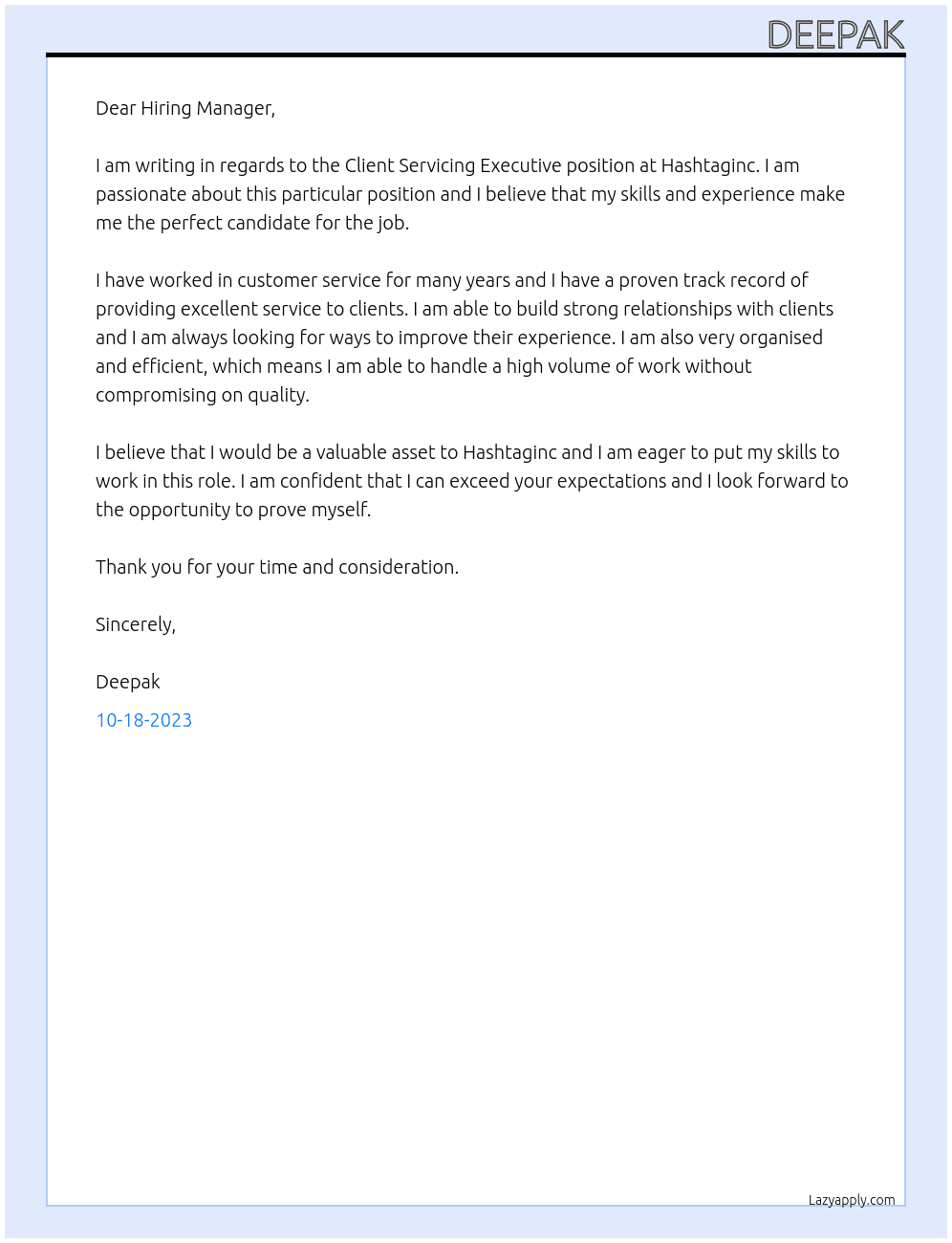 Client Servicing Executive At Hashtaginc Cover Letter