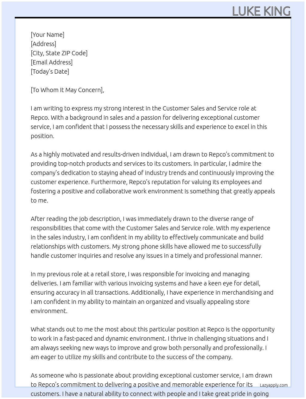 Customer sales and service At Repco Cover Letter