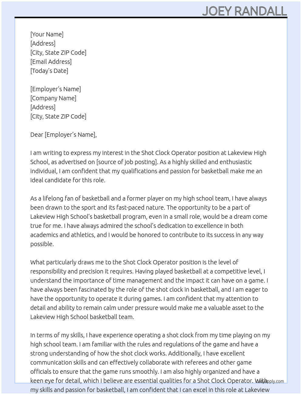 Shot Clock Opertator At Lakeview high school Cover Letter