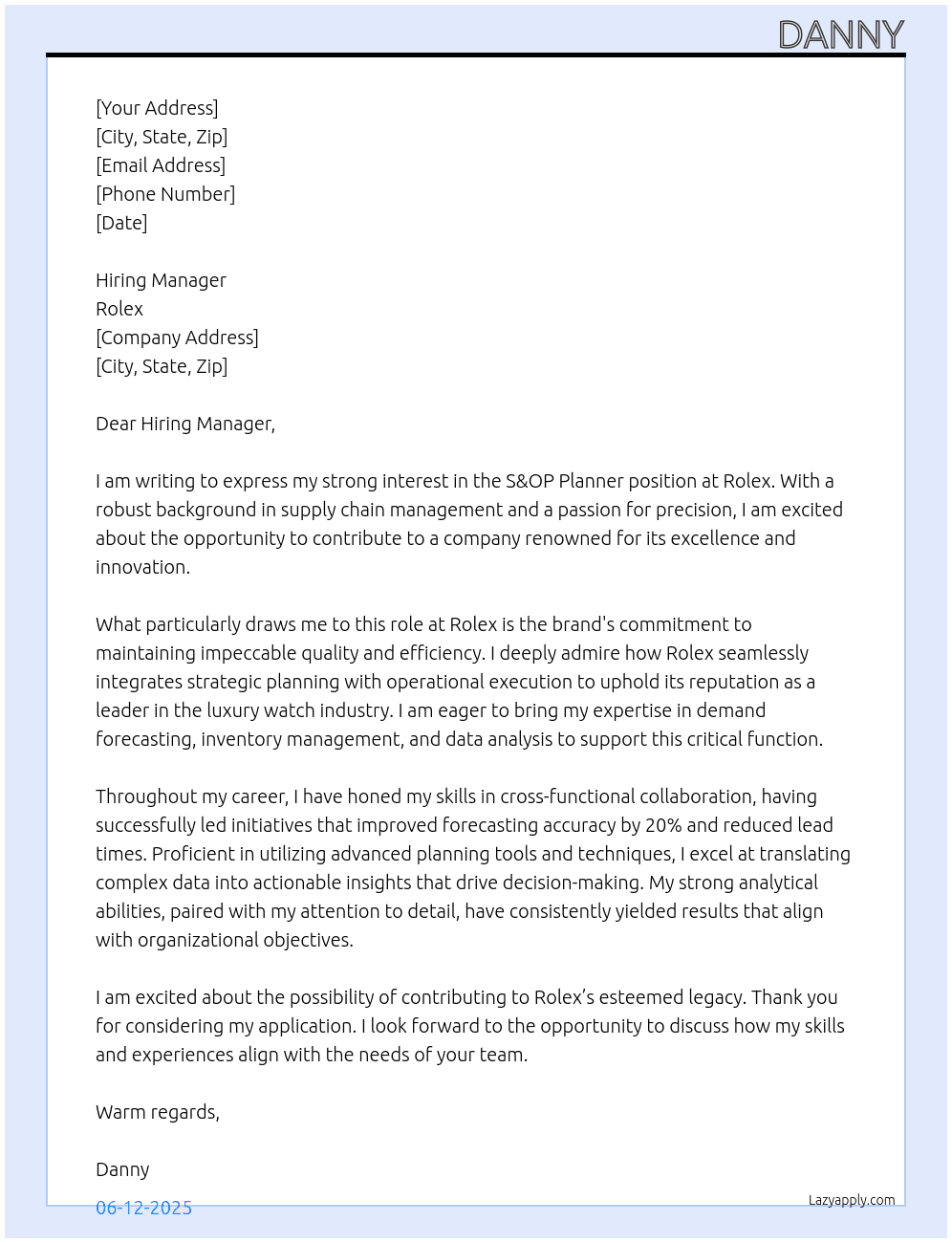 S&OP Planner At Rolex Cover Letter