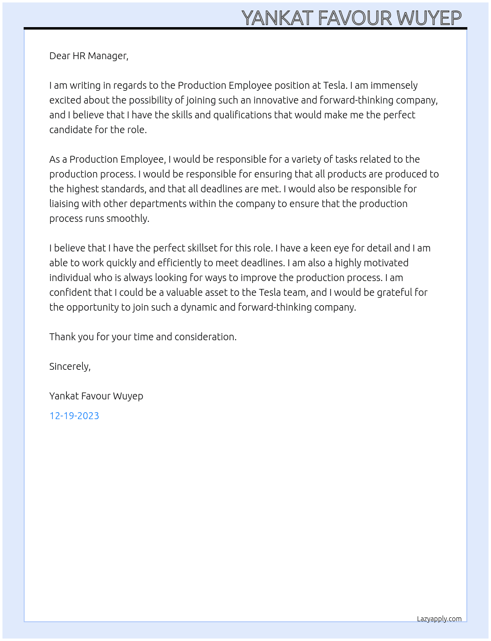 Production Employee At Tesla Cover Letter