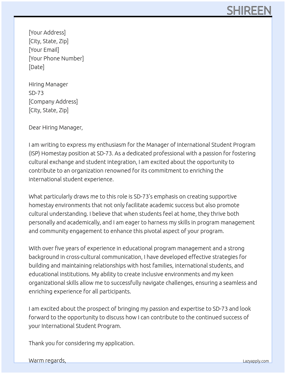 Manager of International Student Program (ISP) Homestay At SD-73 Cover Letter