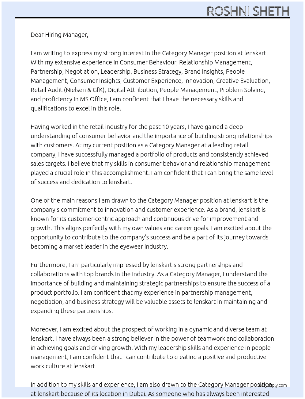 Category Manager At lenskart Cover Letter