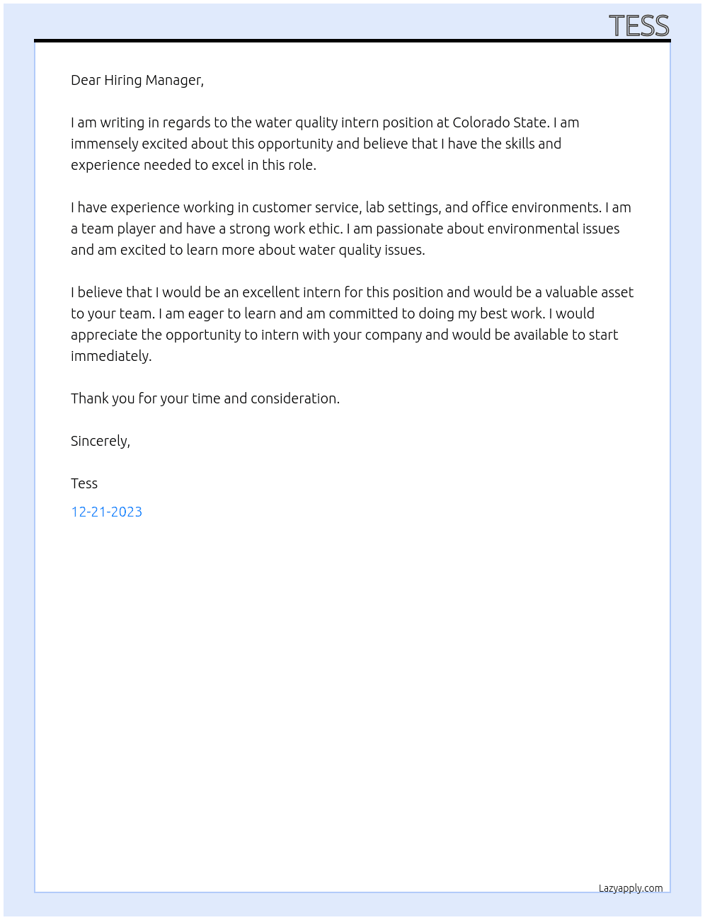 Water quality intern At Colorado state  Cover Letter
