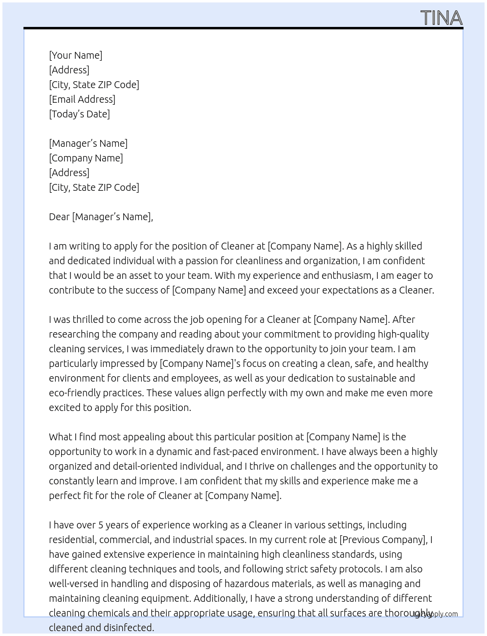 Cleaner At Servicing SA Cover Letter