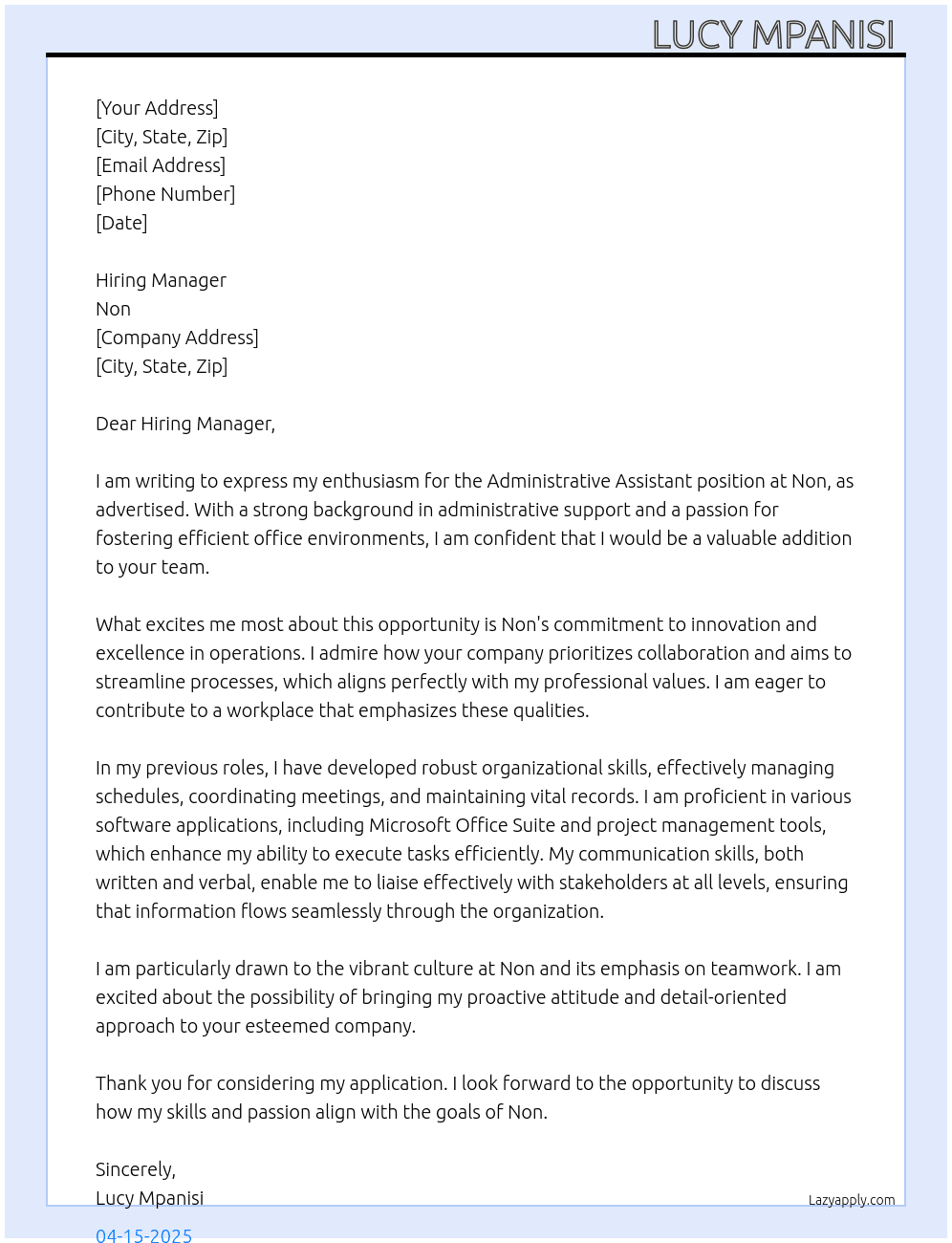 Administrative assistant  At Non Cover Letter