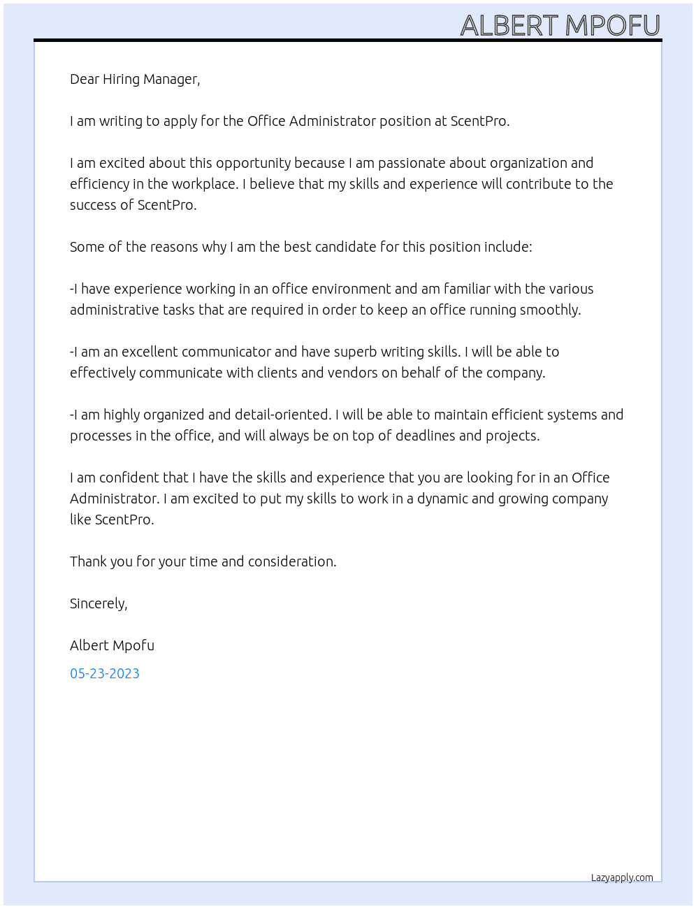 Office Administrator  At ScentPro Cover Letter