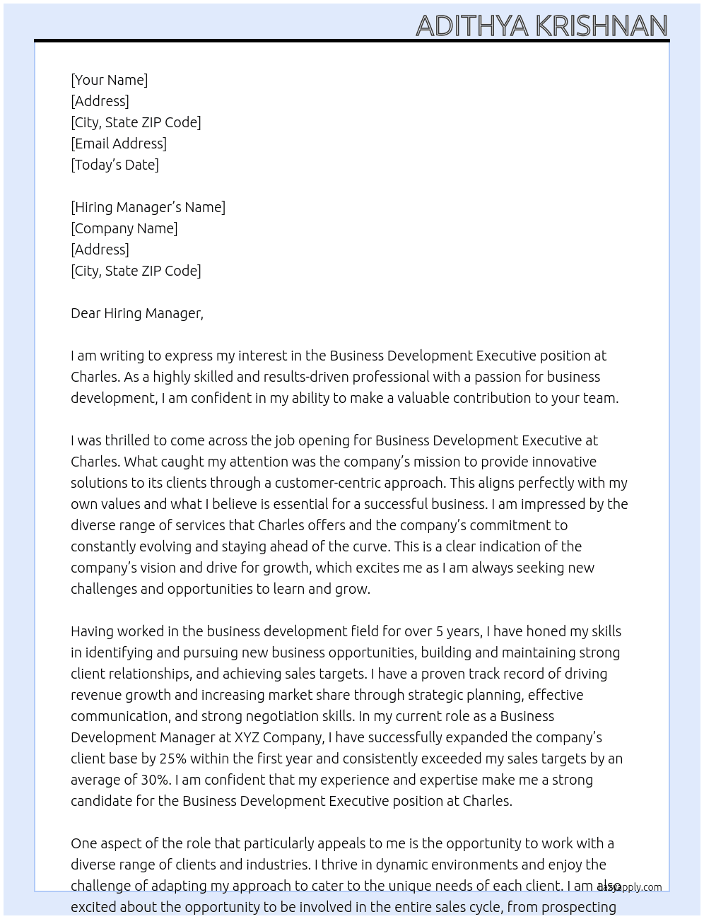 Business Development Executive  At Charles  Cover Letter