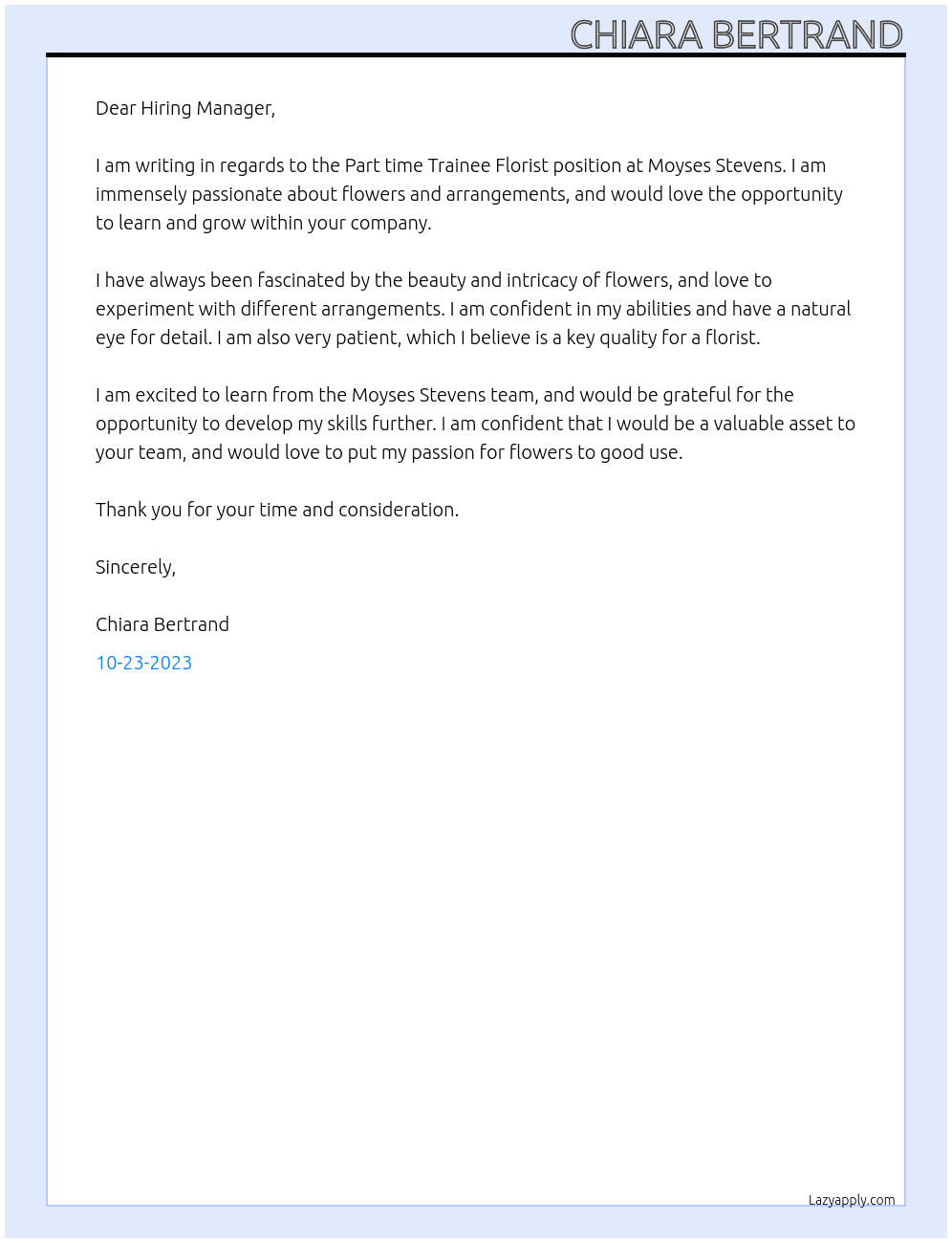 Part time Trainee Florist At Moyses Stevens Cover Letter