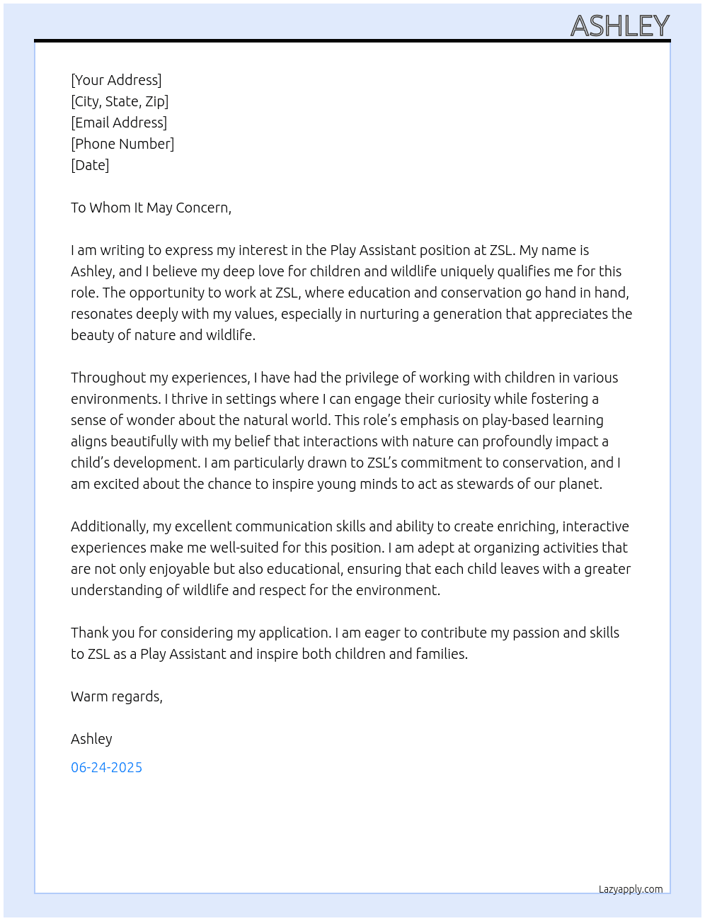 Play assistant  At Zsl Cover Letter
