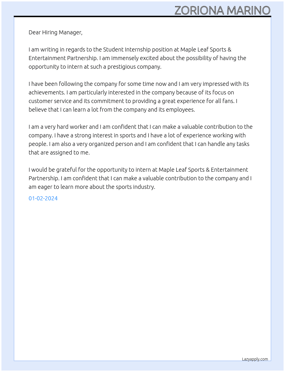 Student Internship At Maple Leaf Sports & Entertainment Partnership Cover Letter