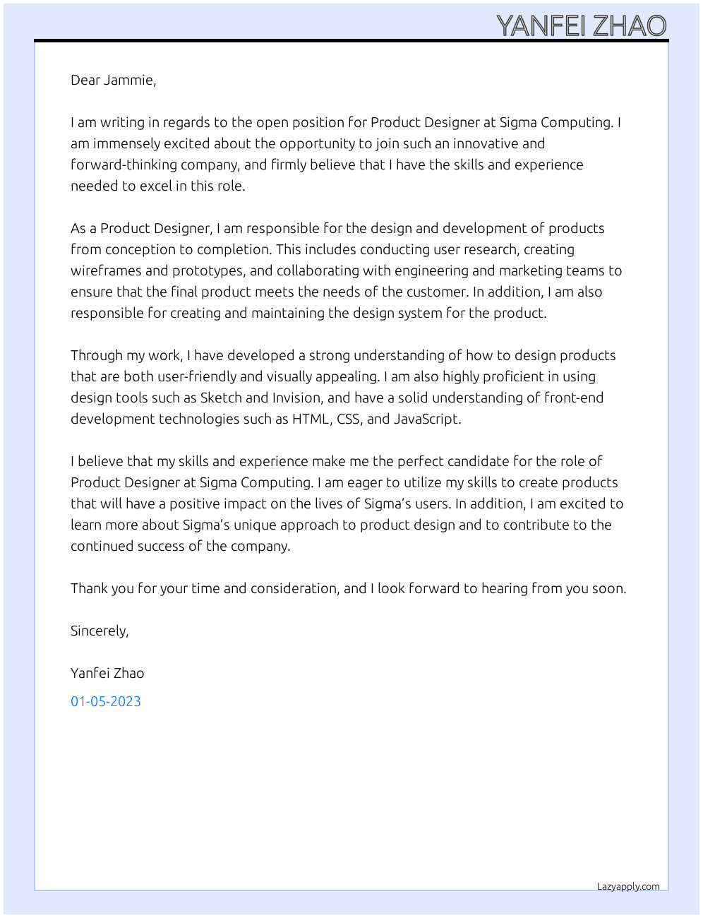 Product Designer At Sigma Computing Cover Letter