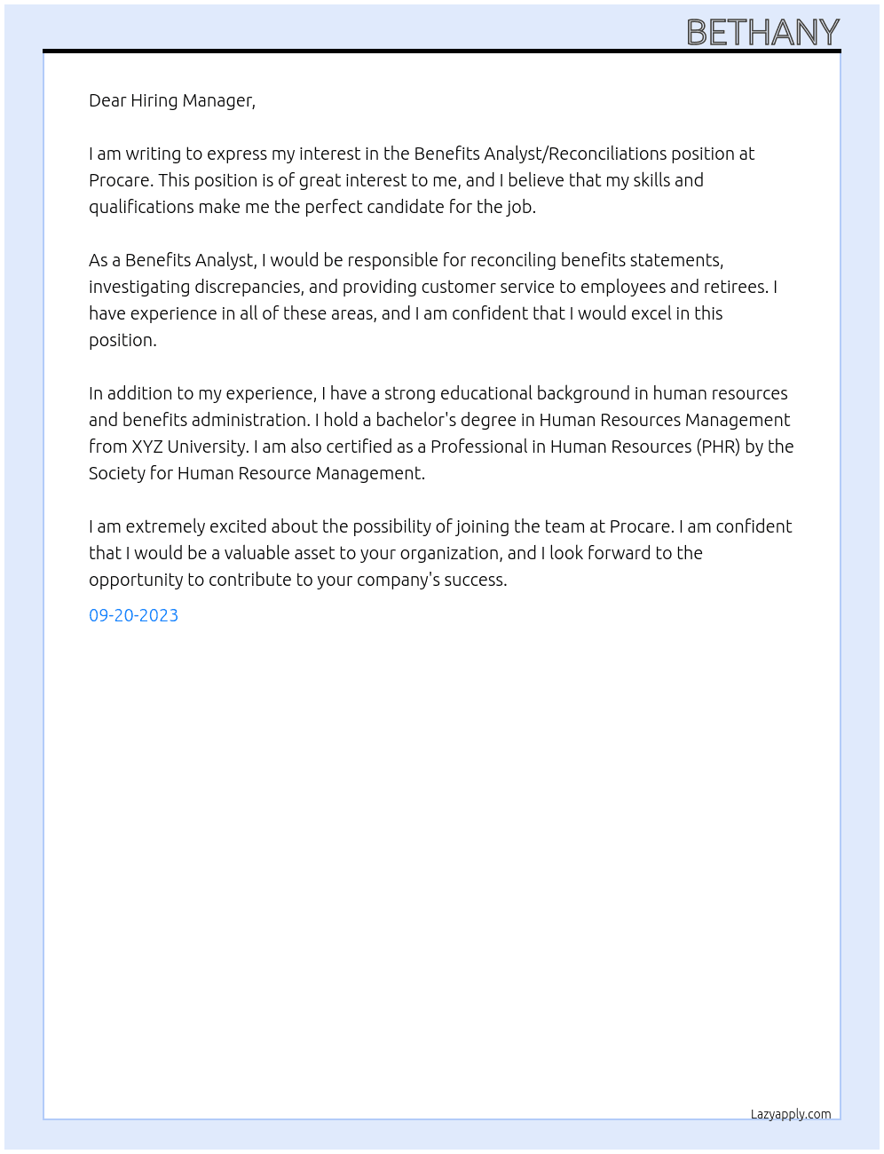 Benefits Analyst/Reconciliations  At Procare Cover Letter