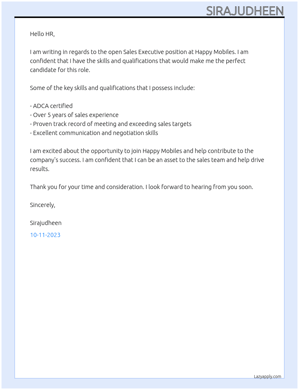 sales executive At HAPPY MOBILES Cover Letter