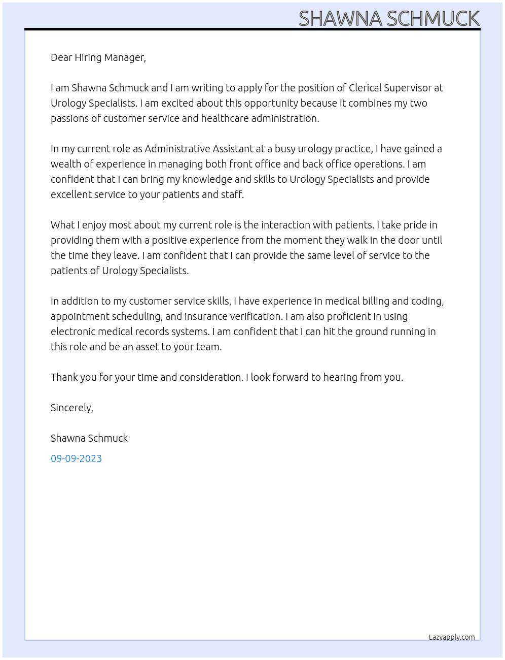 Clerical Supervisor At Urology Specialists Cover Letter