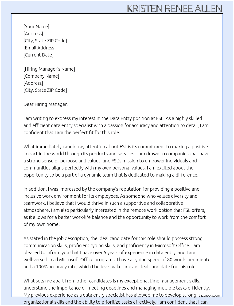 Data entry At FSL Cover Letter