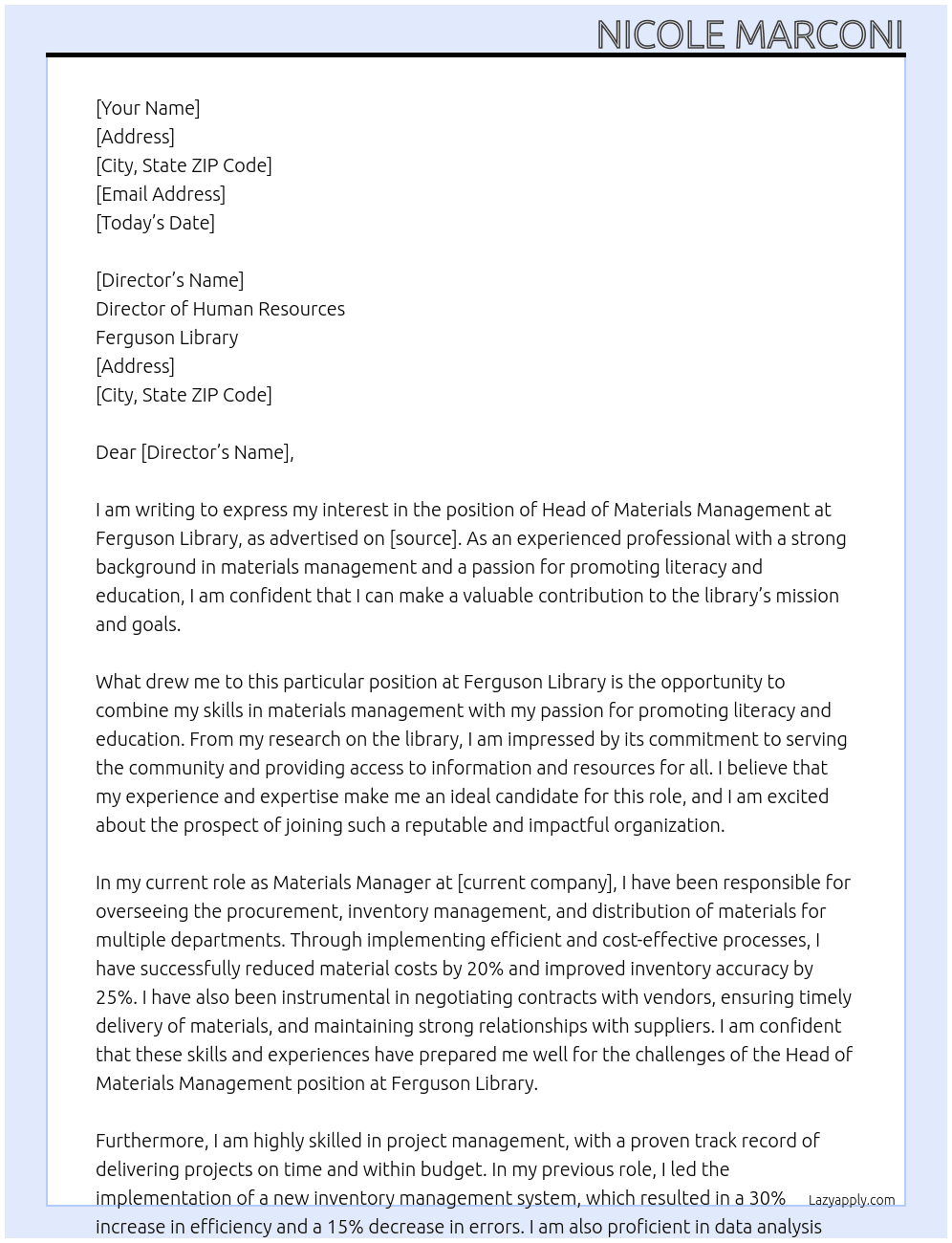 Head of Materials Management At Ferguson Library Cover Letter
