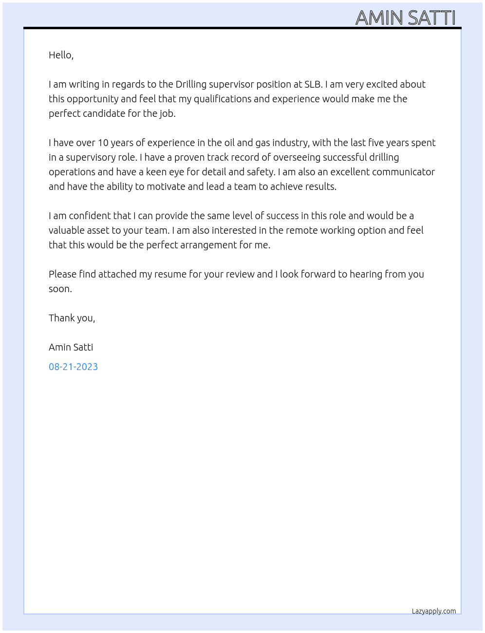 Drilling supervisor  At Slb Cover Letter