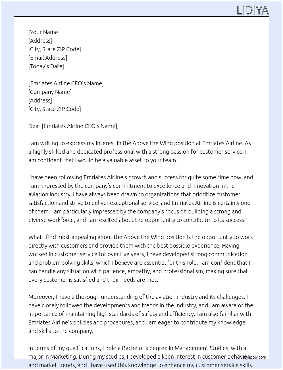 Above the wing At Emriates airline Cover Letter
