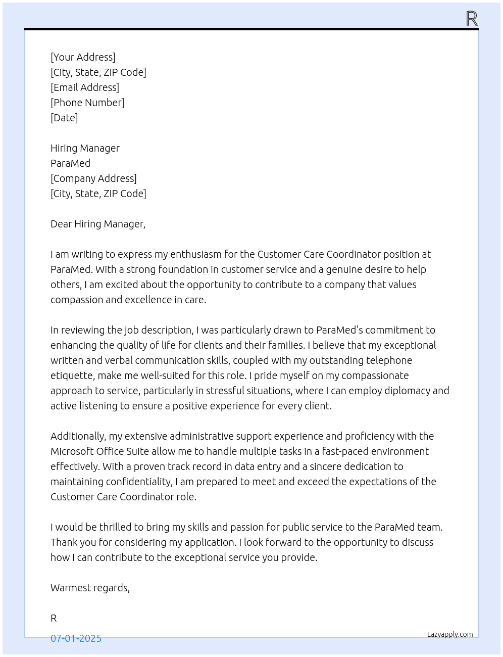 Customer Care Coordinator At ParaMed Cover Letter