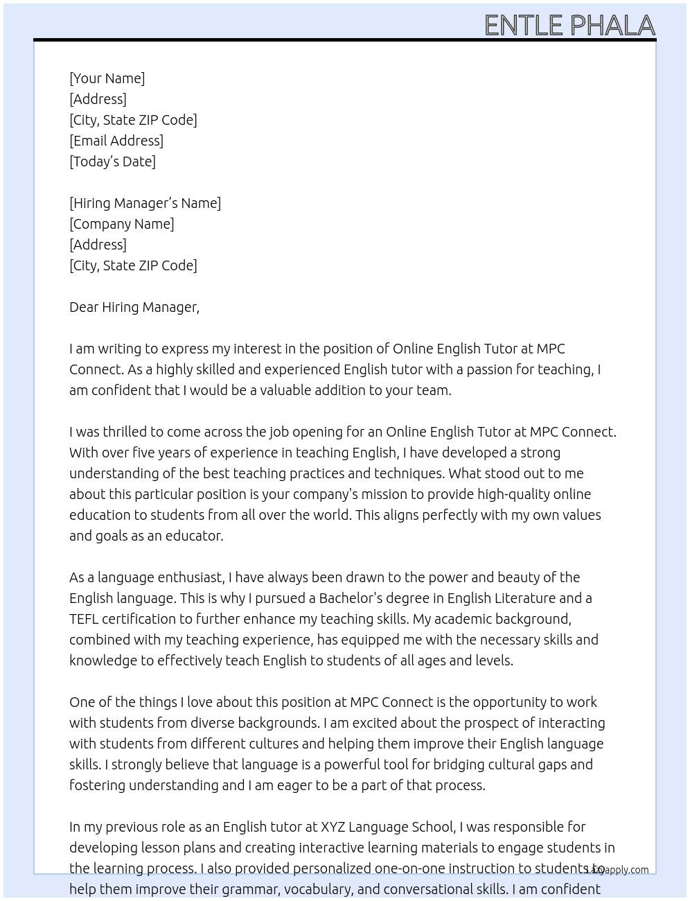 Online English Tutor At MPC Connect Cover Letter