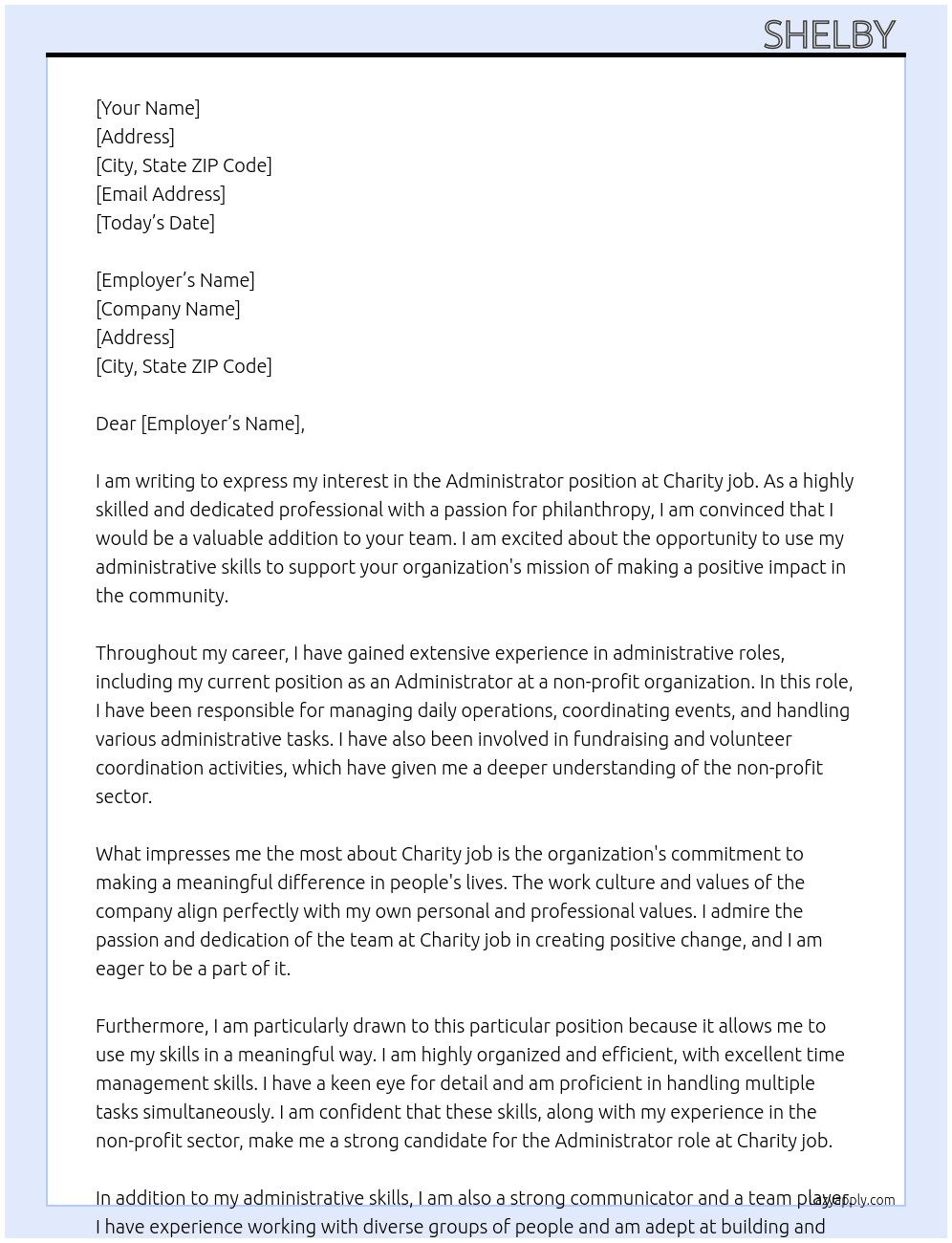 Administrator At Charity job Cover Letter