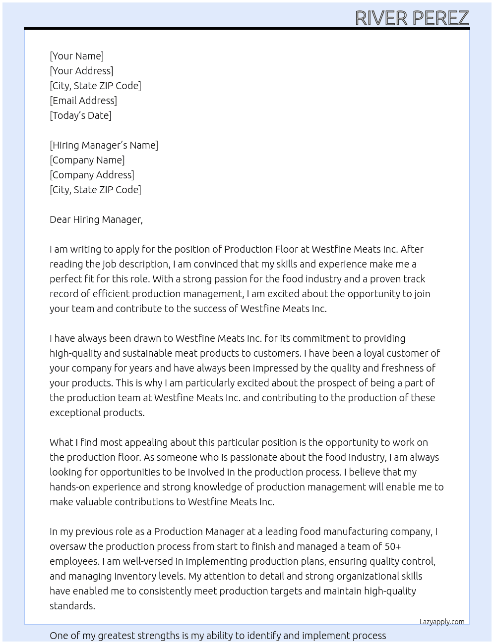 Production Floor At Westfine Meats Inc. Cover Letter