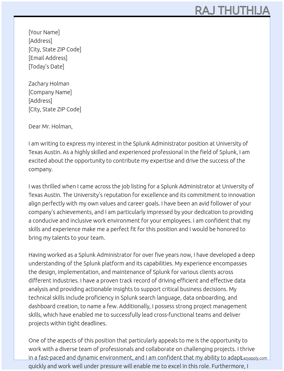 Splunk Administrator At University of Texas Austin Cover Letter