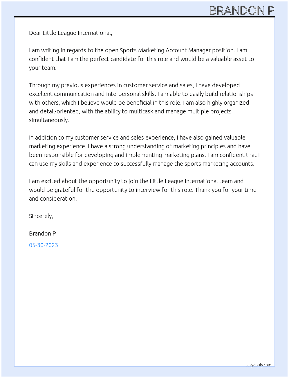 Sports Marketing Account Manager  At Little League International Cover Letter