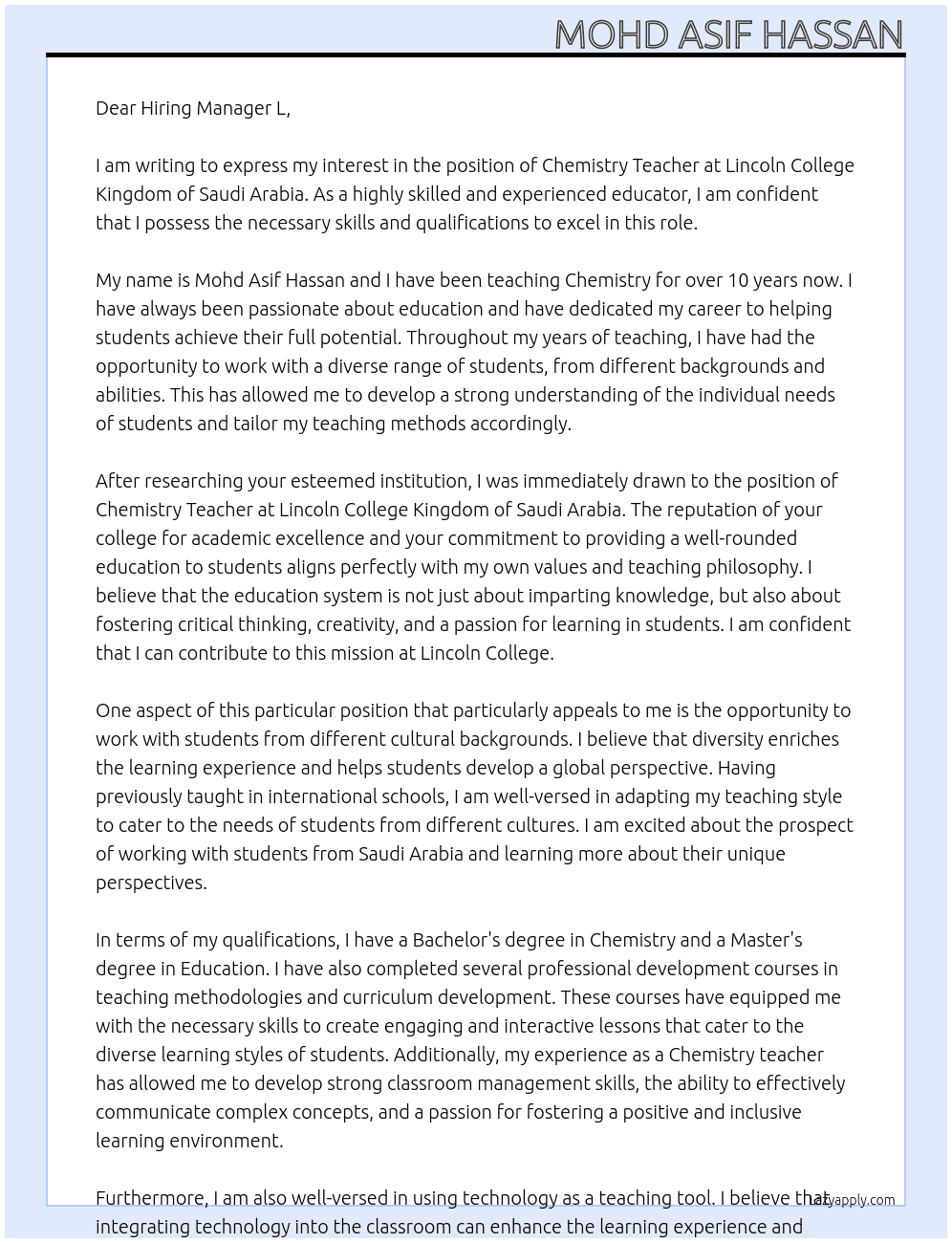 chemistry teacher At LINCOLN COLLEGE KINGDOM OF SAUDI ARAB Cover Letter