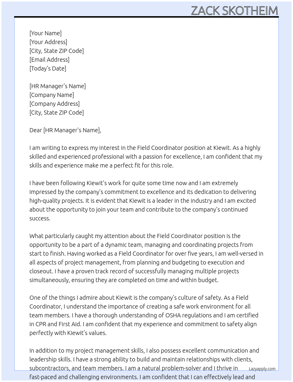 Field Coordinator At Kiewit Cover Letter