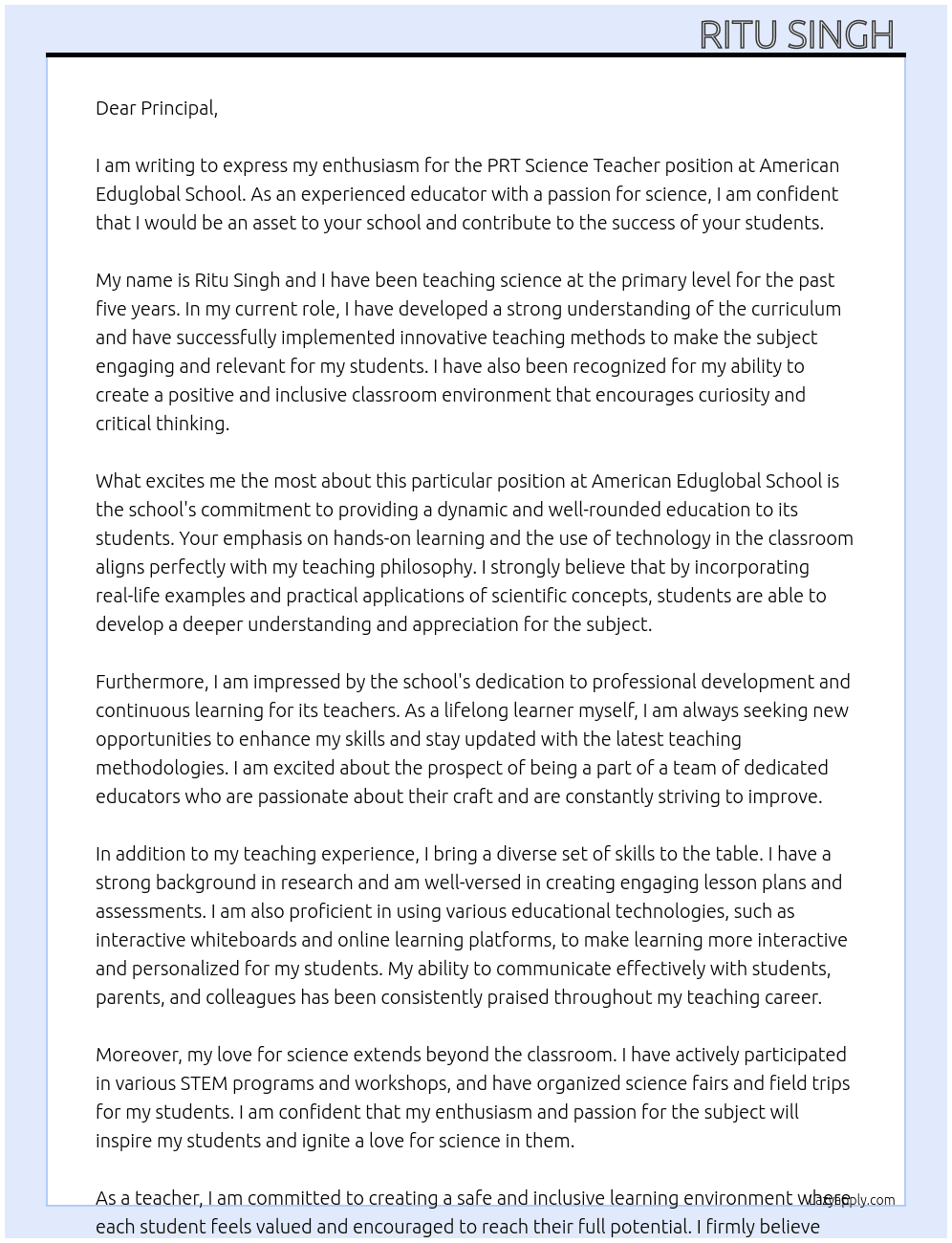 PRT science teacher  At American Eduglobal School  Cover Letter