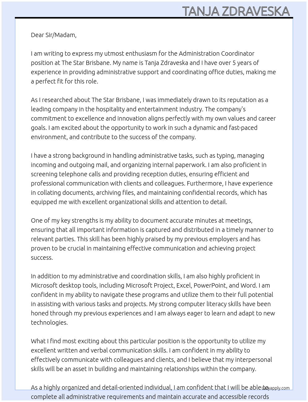 Administration Coordinator At The Star Brisbane Cover Letter