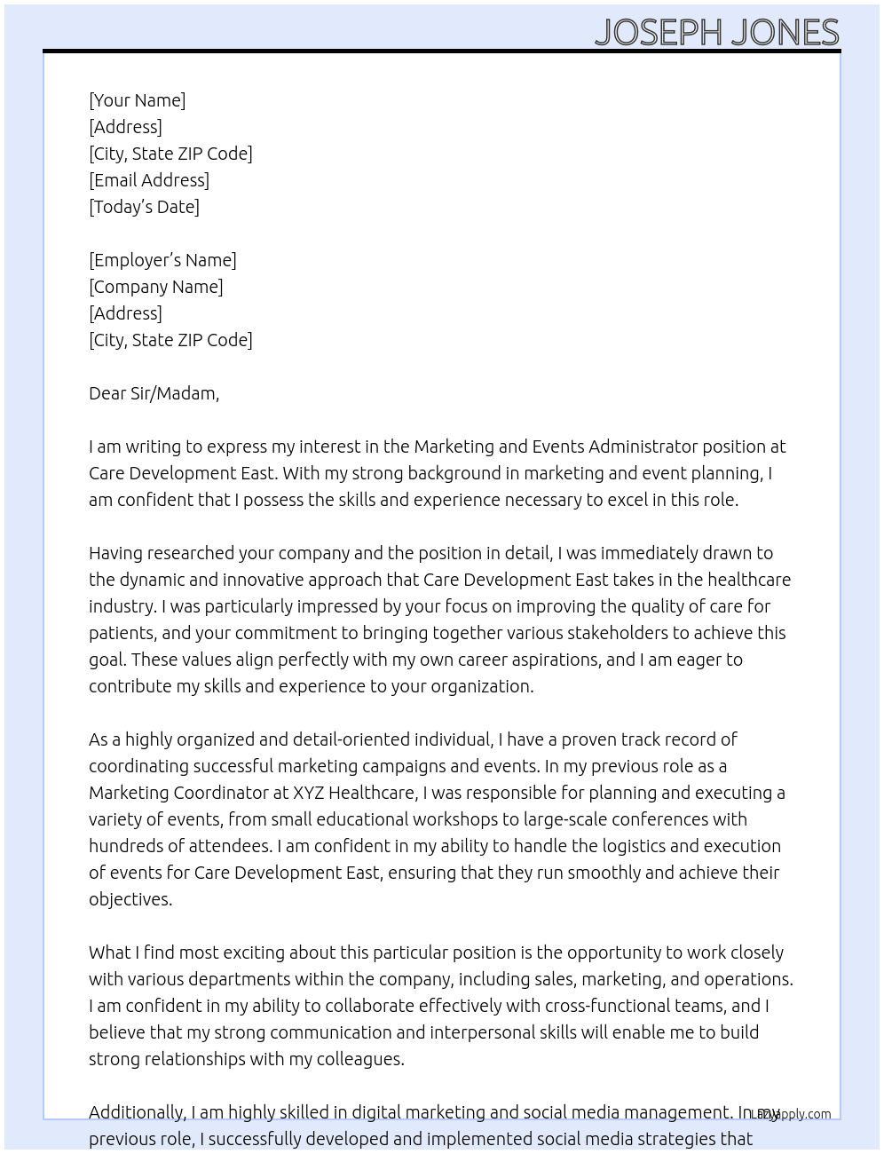 Marketing and Events Administrator At Care Development East Cover Letter