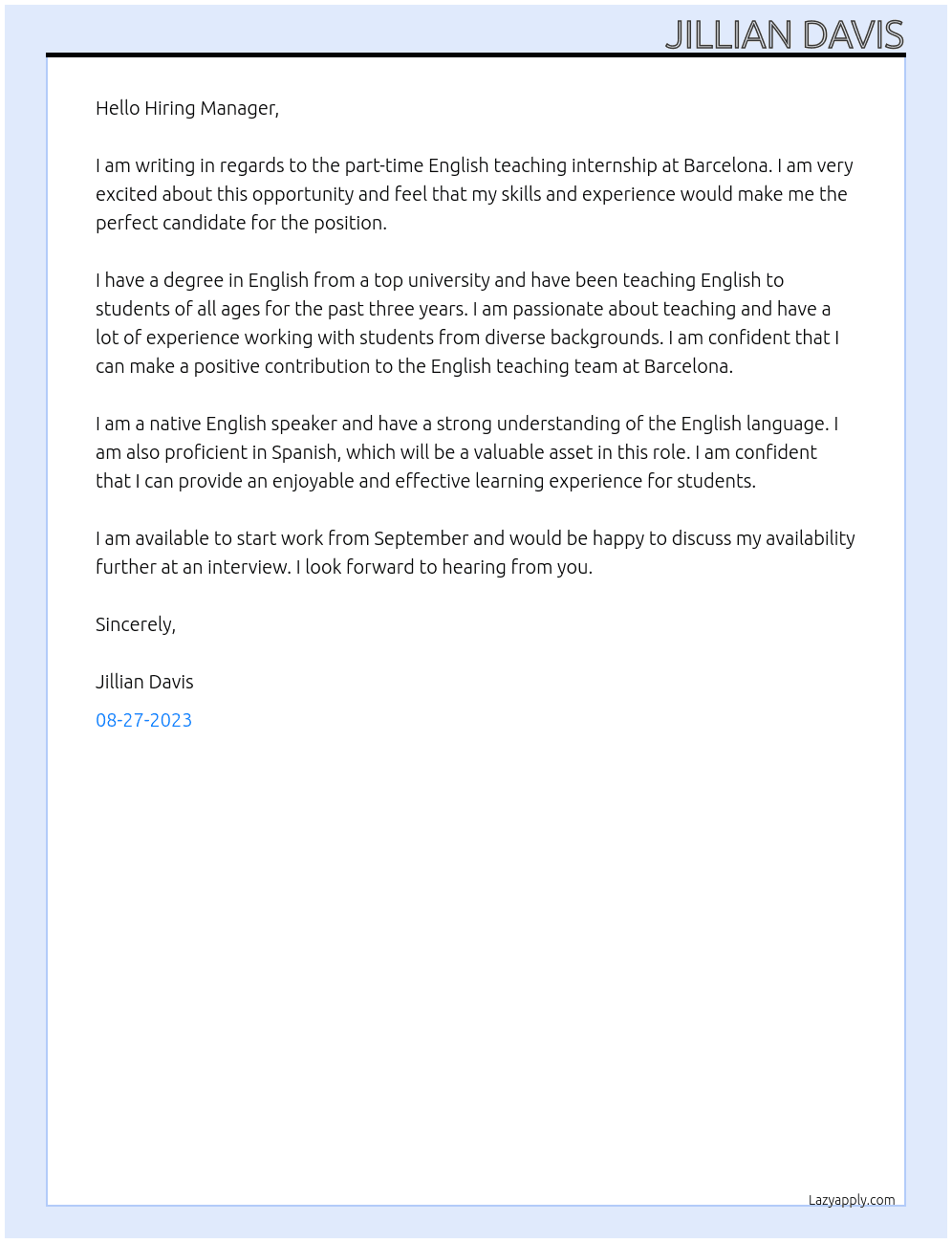 part-time English teaching internship At Barcelona Cover Letter