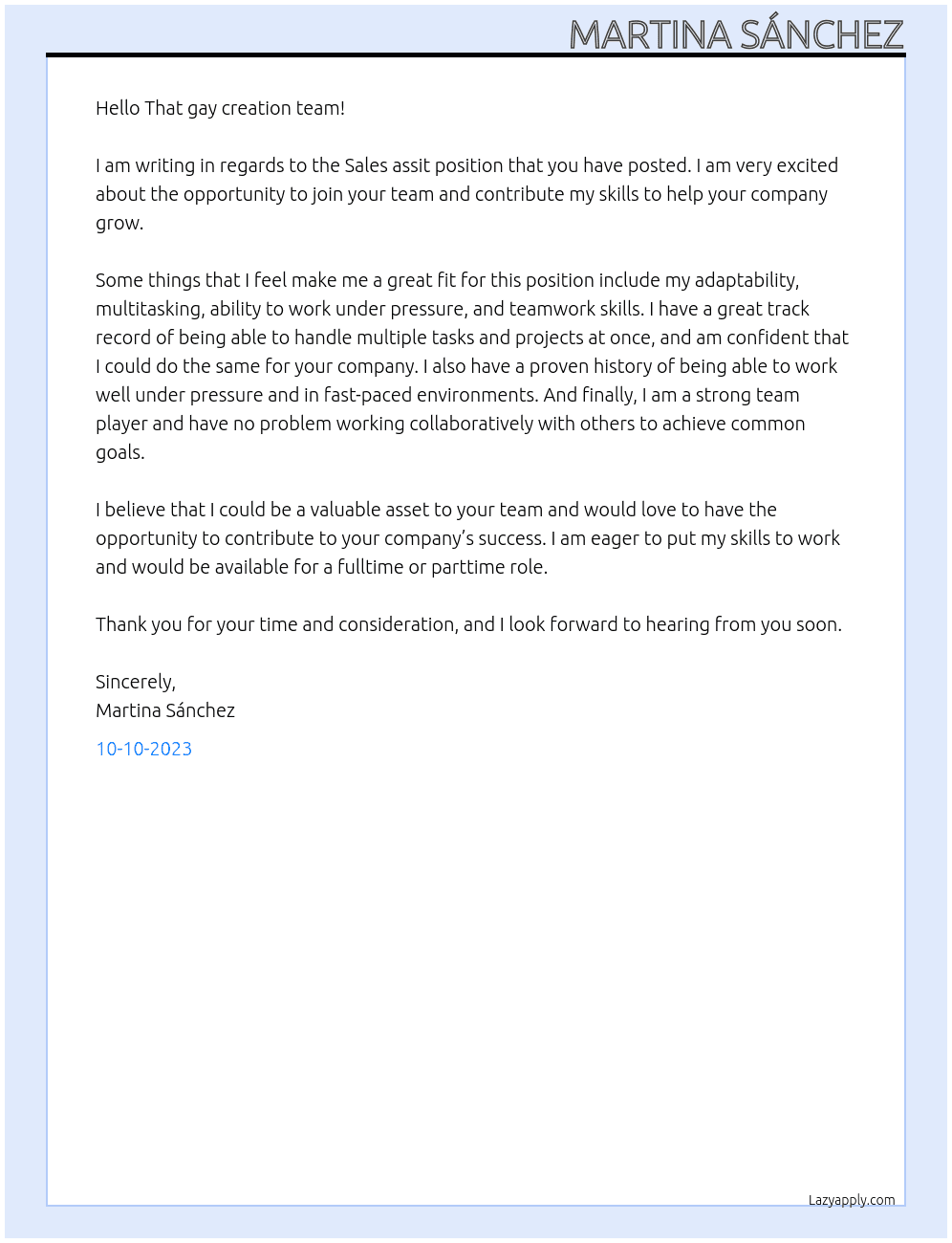 Sales assit At That gay creation Cover Letter