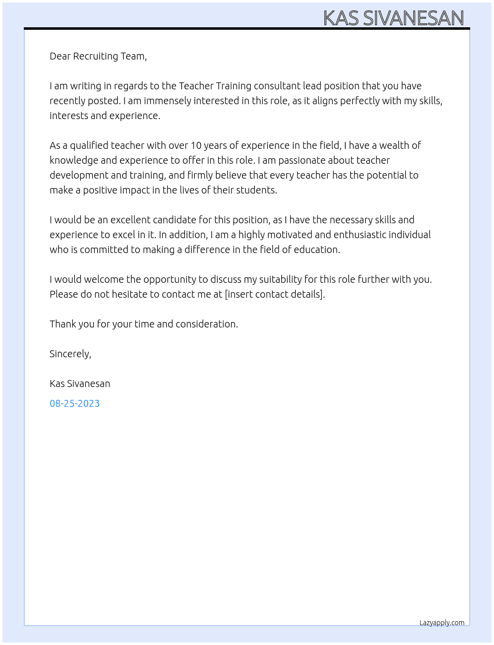 Teacher Training consultant lead At Teacher Development Trust Cover Letter