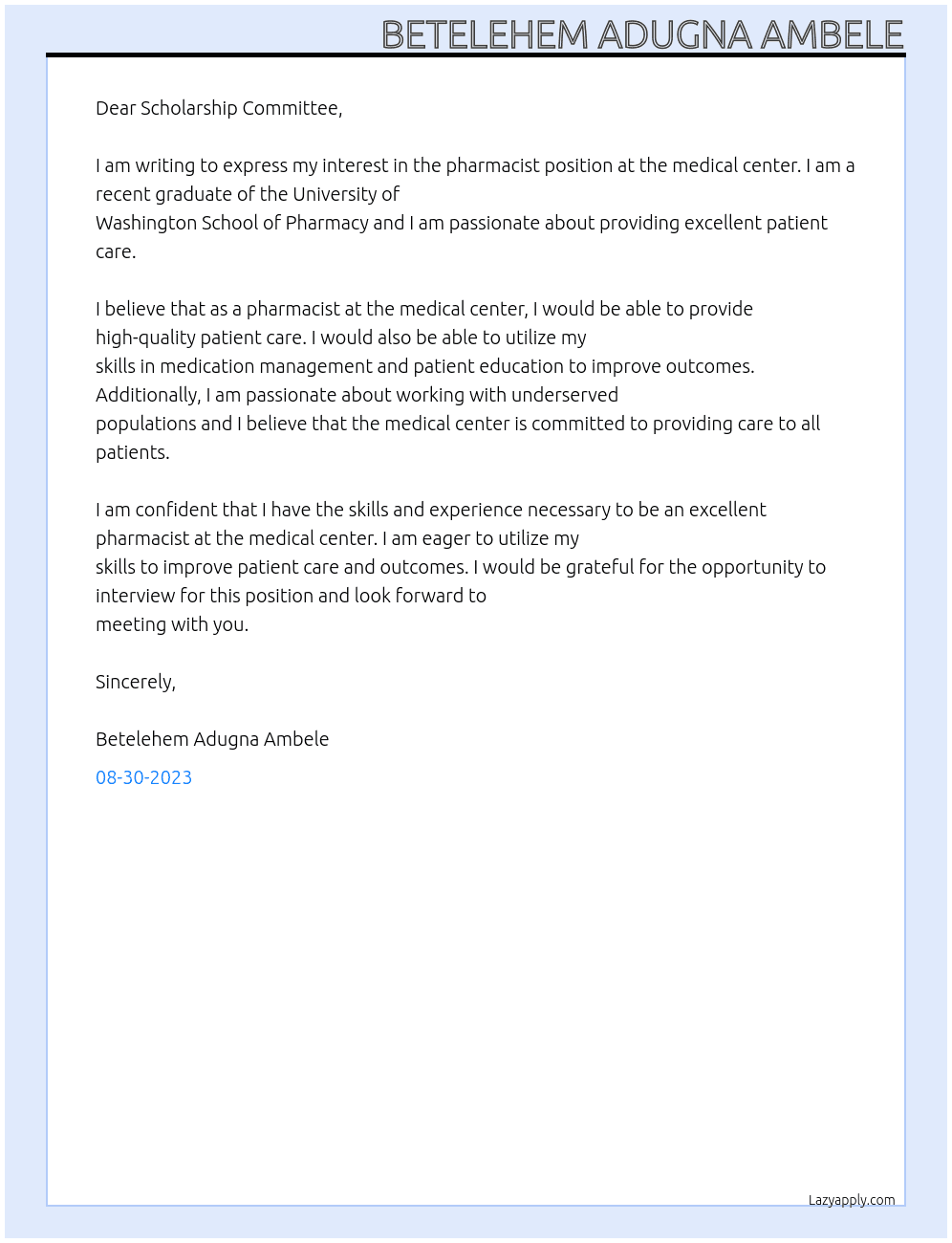 pharmacist At medical center Cover Letter