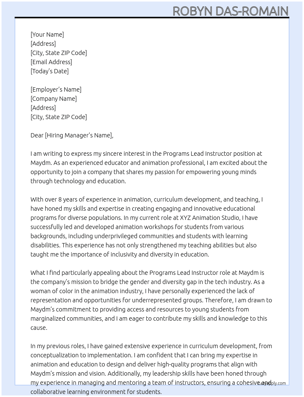 Programs Lead Instructor At Maydm Cover Letter