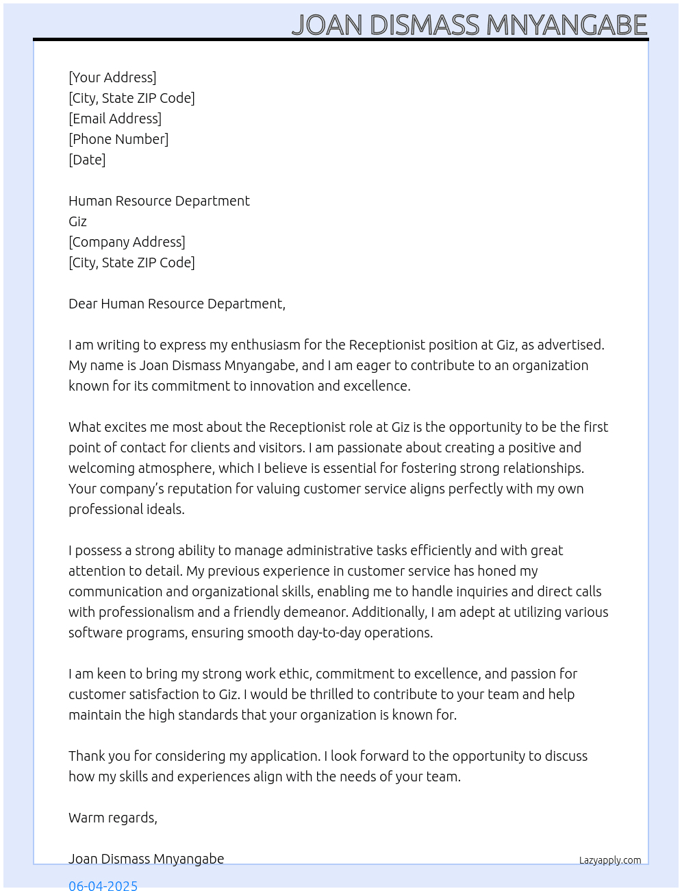Receptionist  At Giz Cover Letter