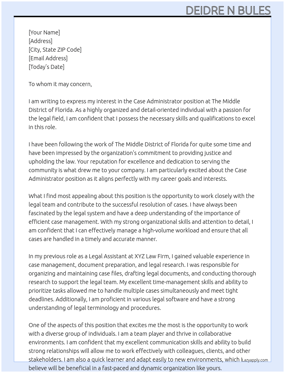 Case Administrator  At The Middle District of Florida  Cover Letter