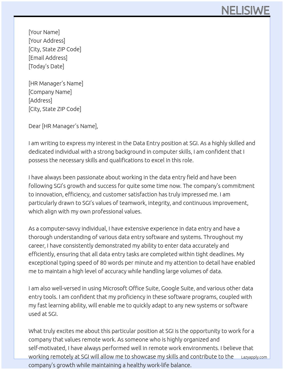 data entry At sgi Cover Letter