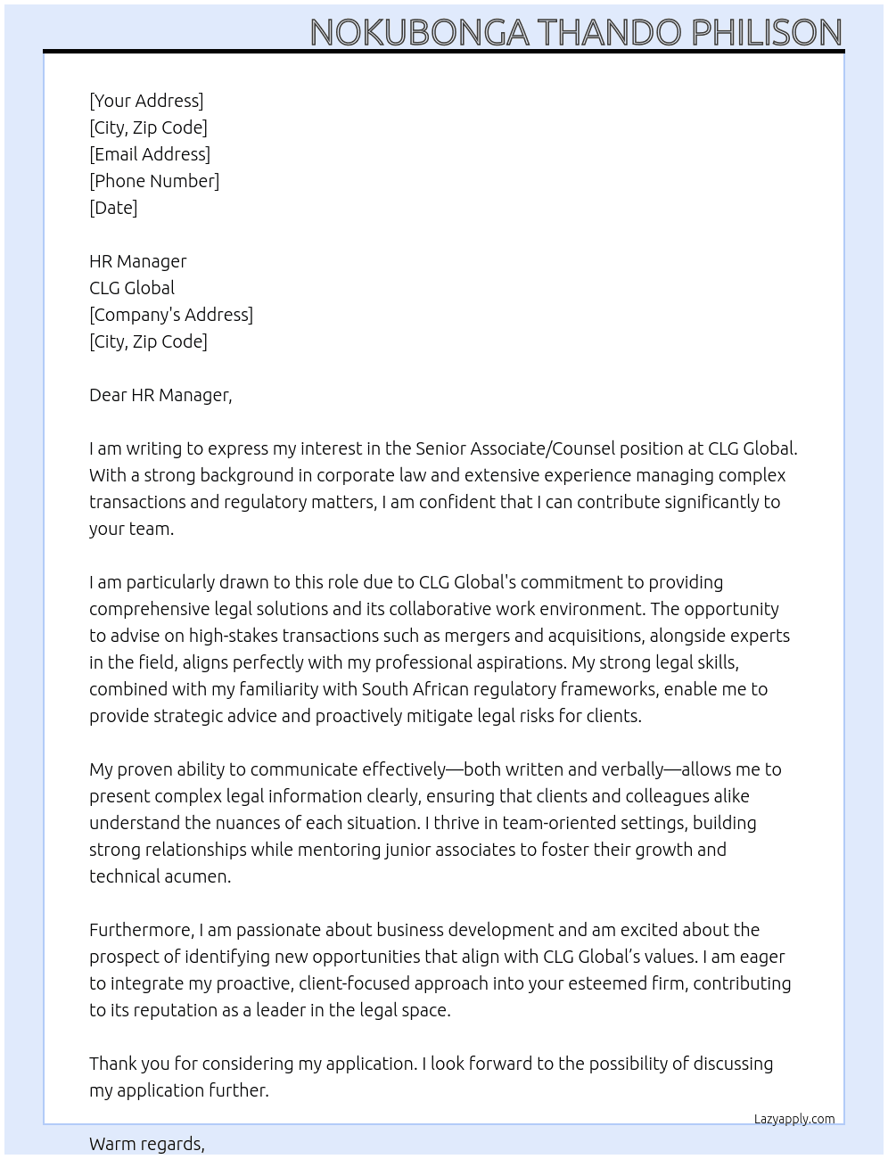 Senior Associate/Counsel  At CLG Global Cover Letter