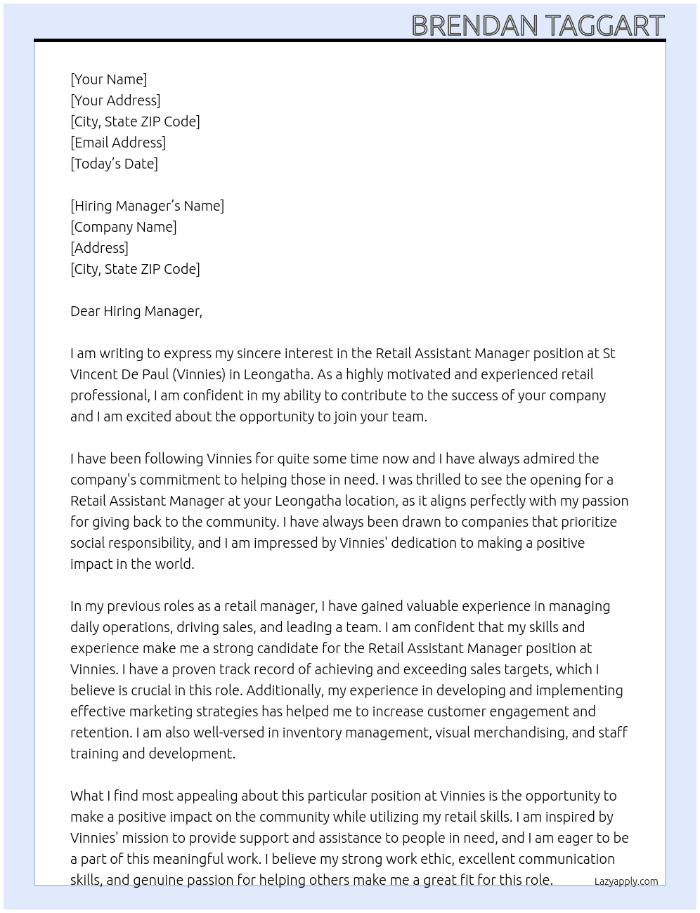 Cover letter for retail assistant manager - leongatha - LazyApply