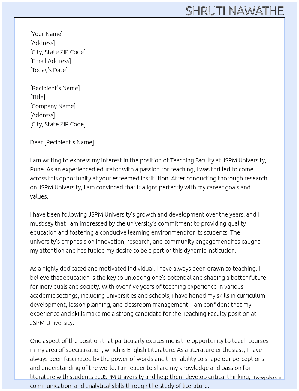Teaching Faculty At JSPM University, Pune Cover Letter