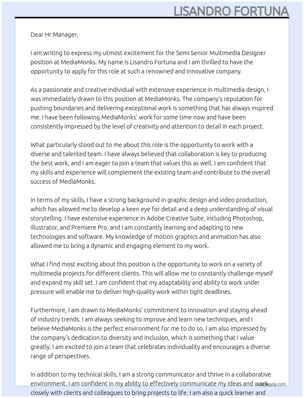 Semi Senior Multimedia Designer At MediaMonks Cover Letter